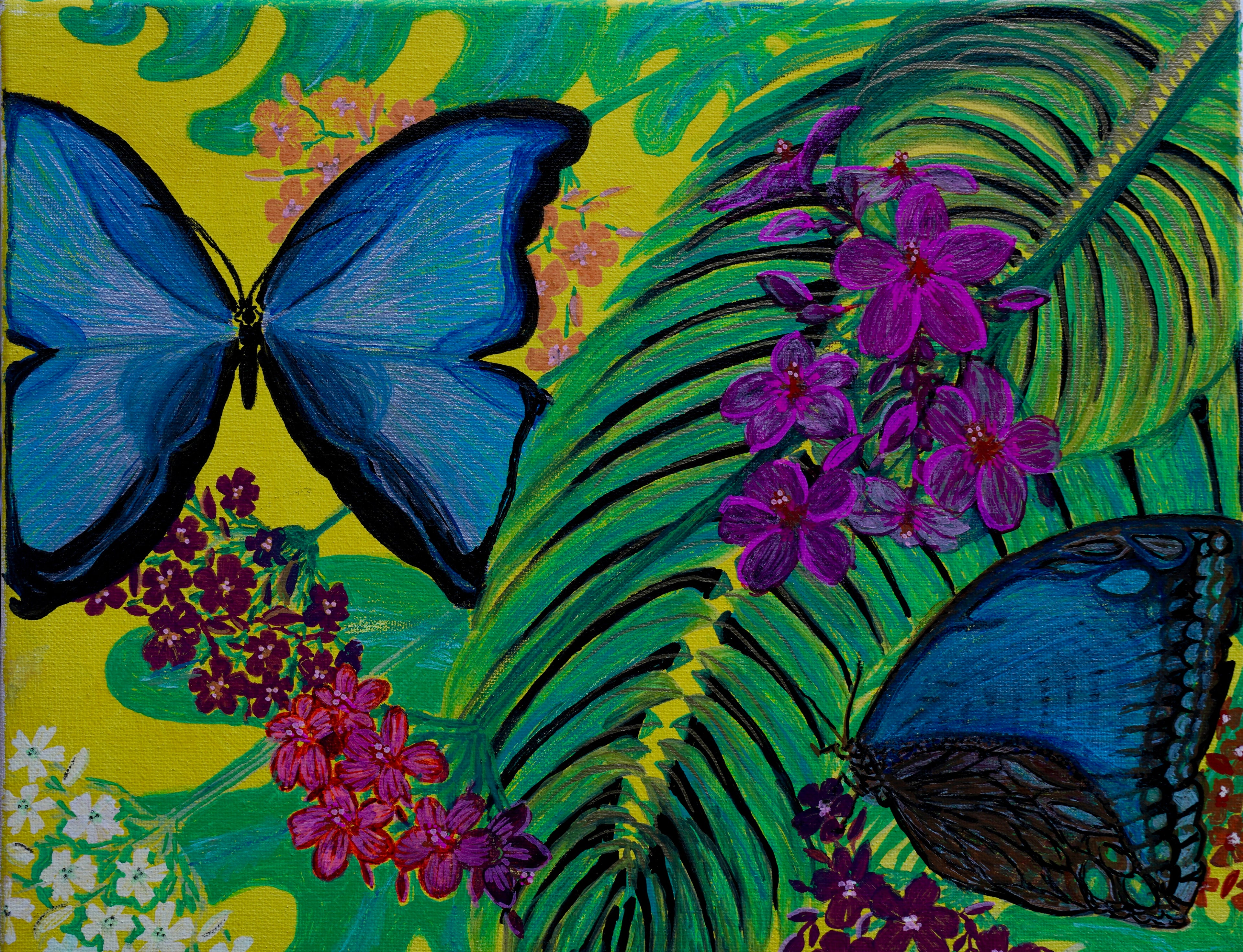 Blue Morpho with Palm Original Oil Painting