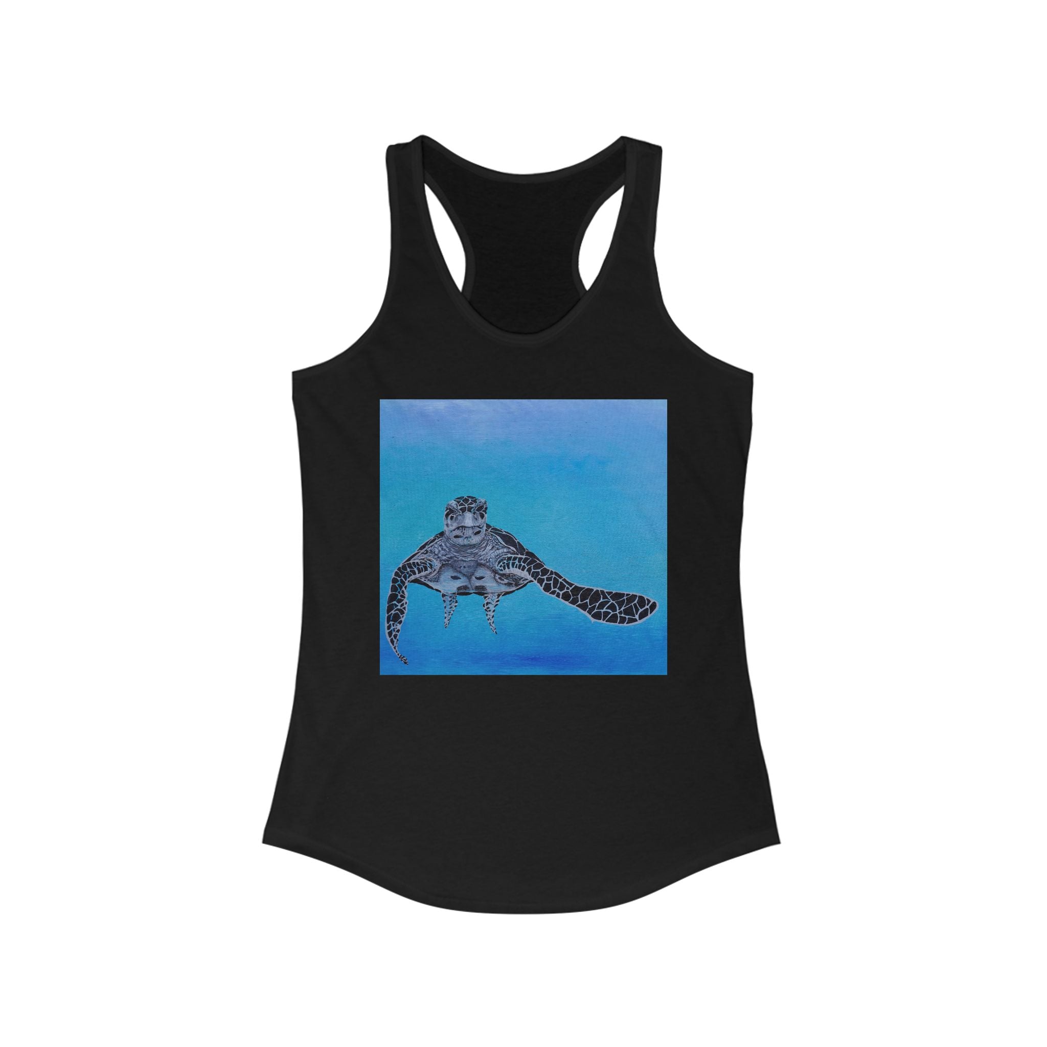 Racerback Tank - Black and White Turtle with Blue Ocean Background