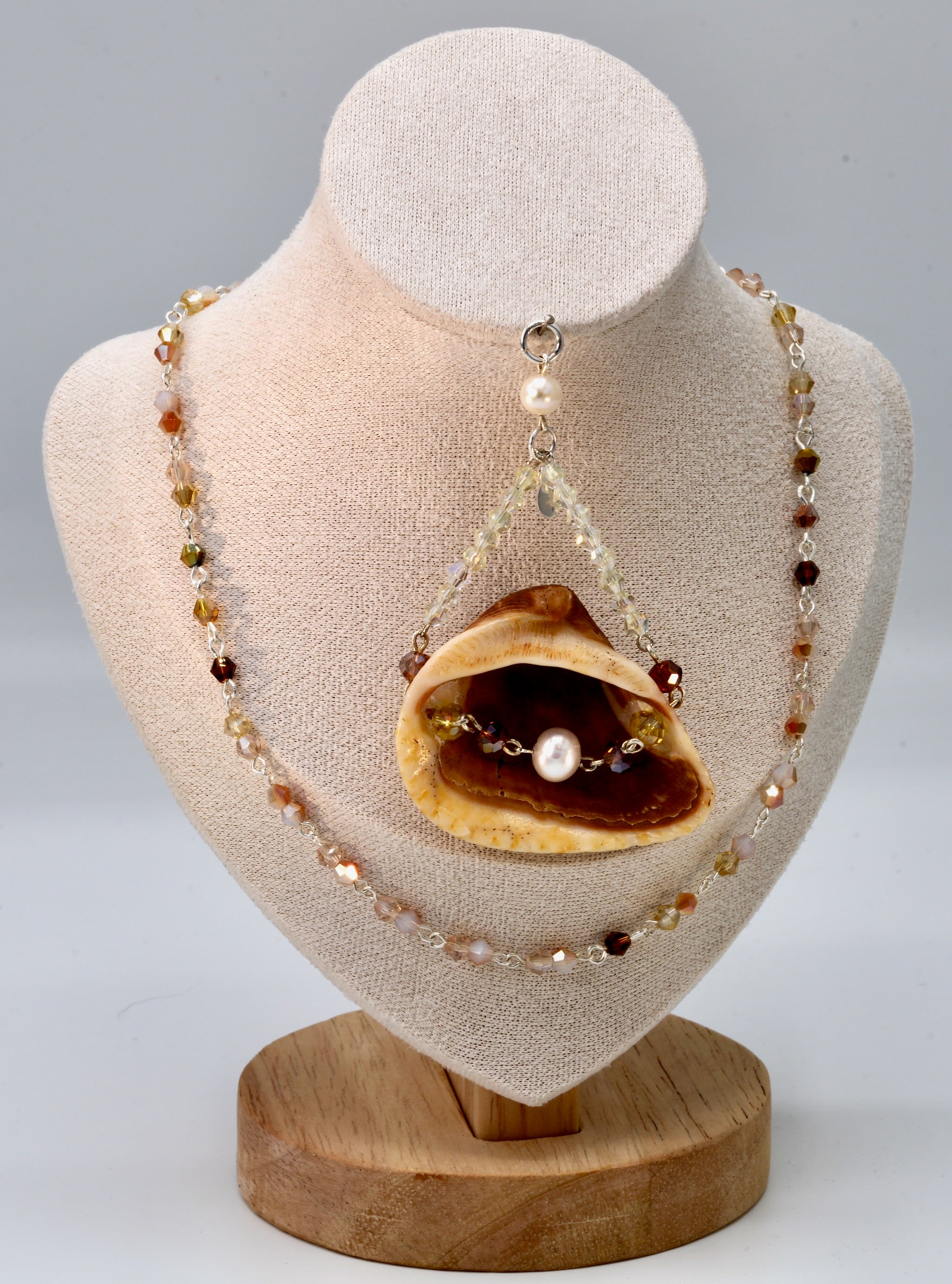 Brown and Tan Shell and Crystal Pendant and Necklace