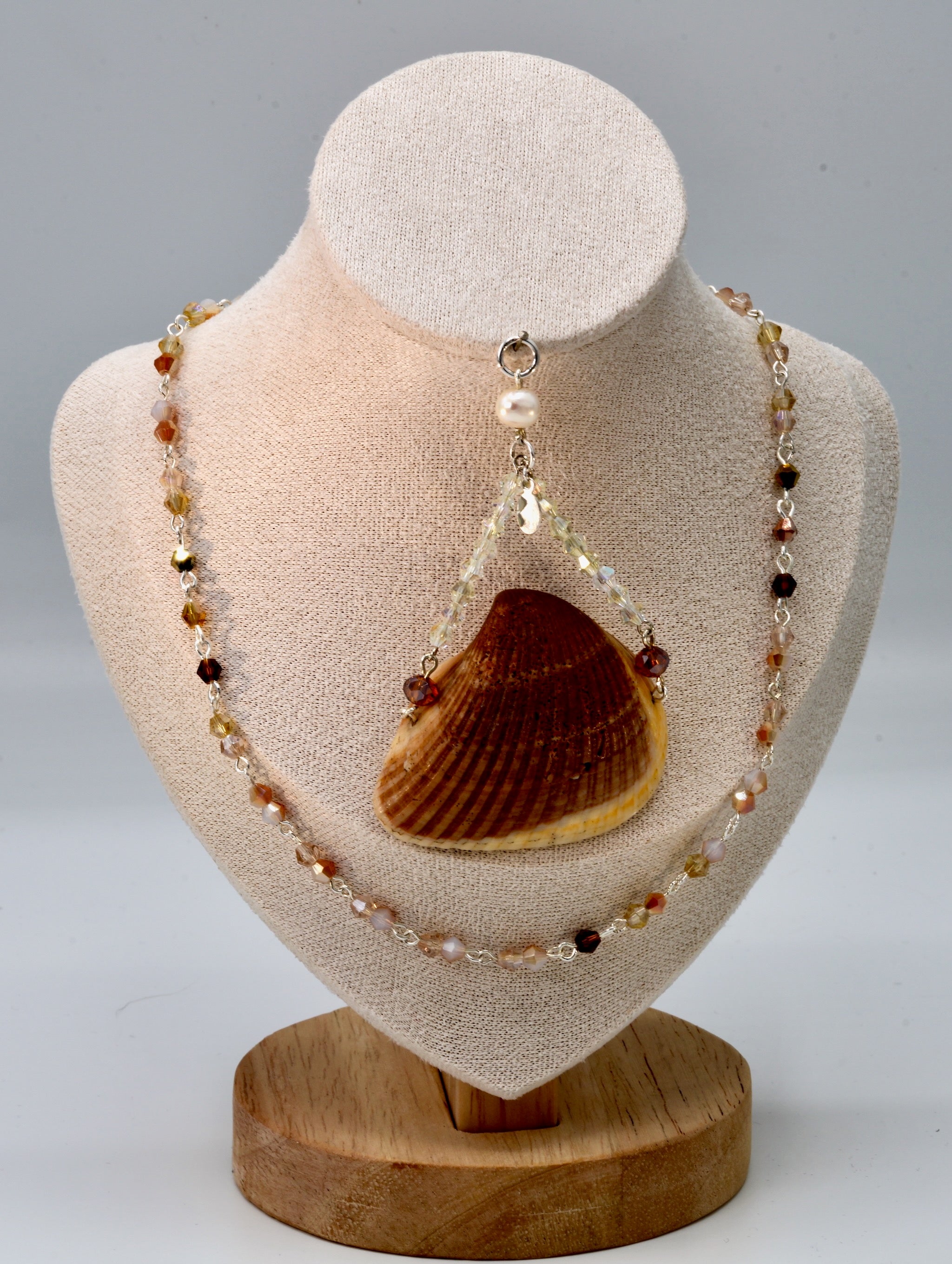 Brown and Tan Shell and Crystal Pendant and Necklace