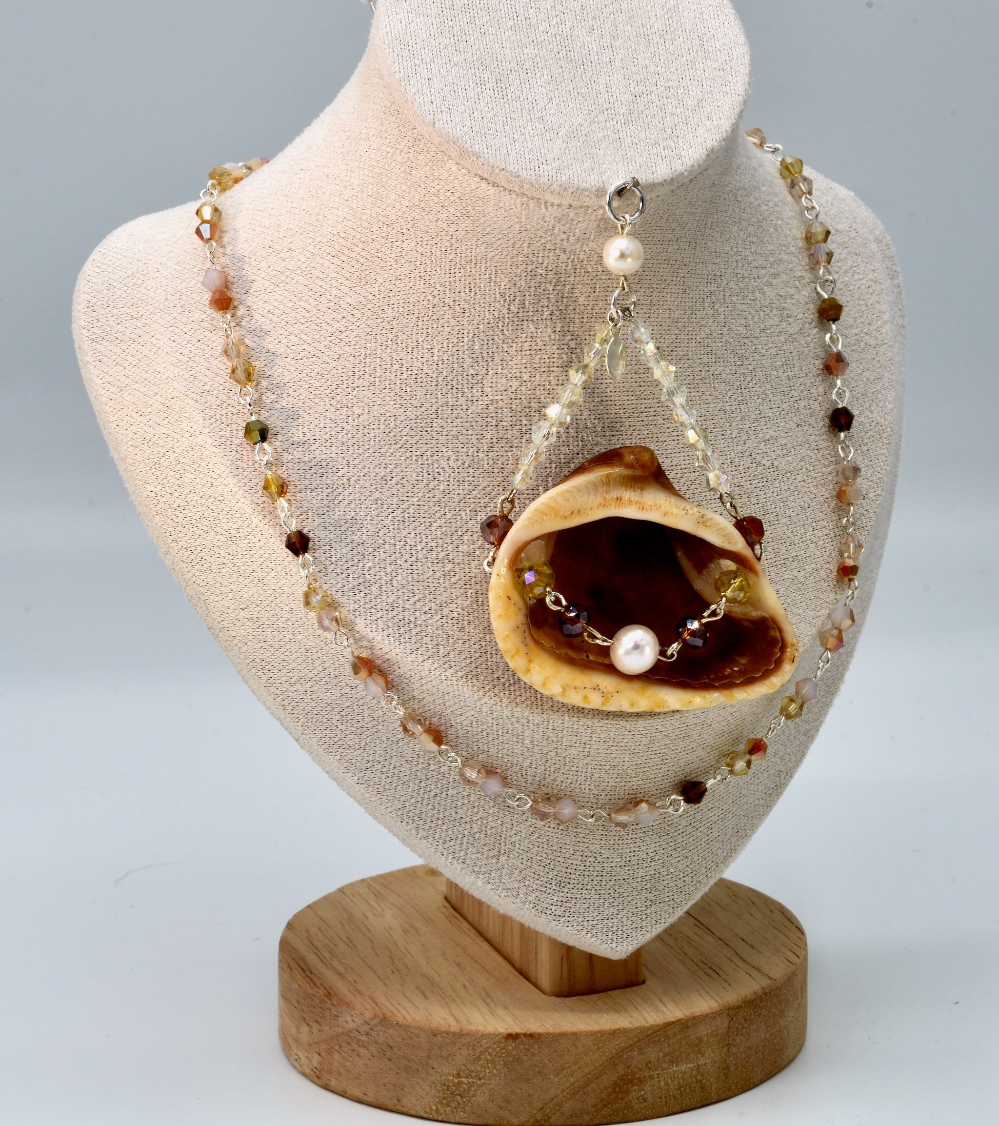 Brown and Tan Shell and Crystal Pendant and Necklace