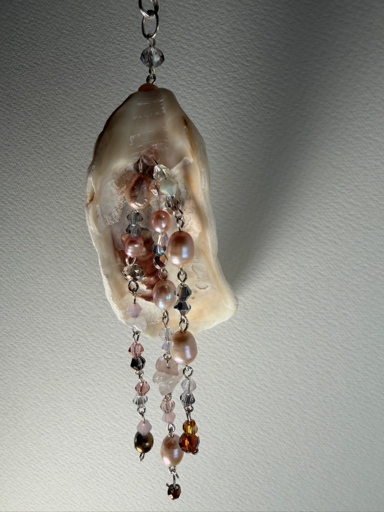 Whorlpool of Pearls and Glass Seashell Pendant
