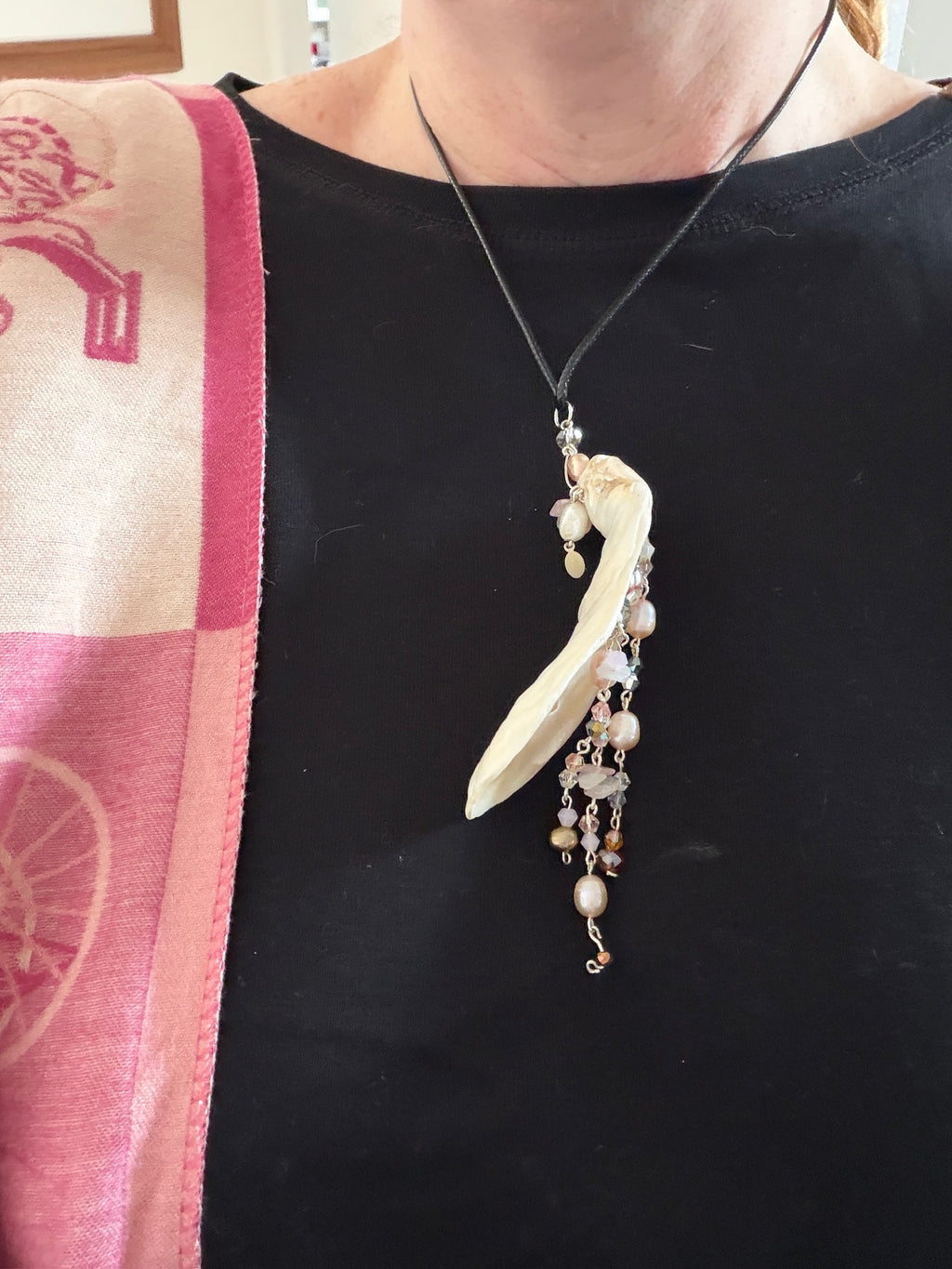 Whorlpool of Pearls and Glass Seashell Pendant