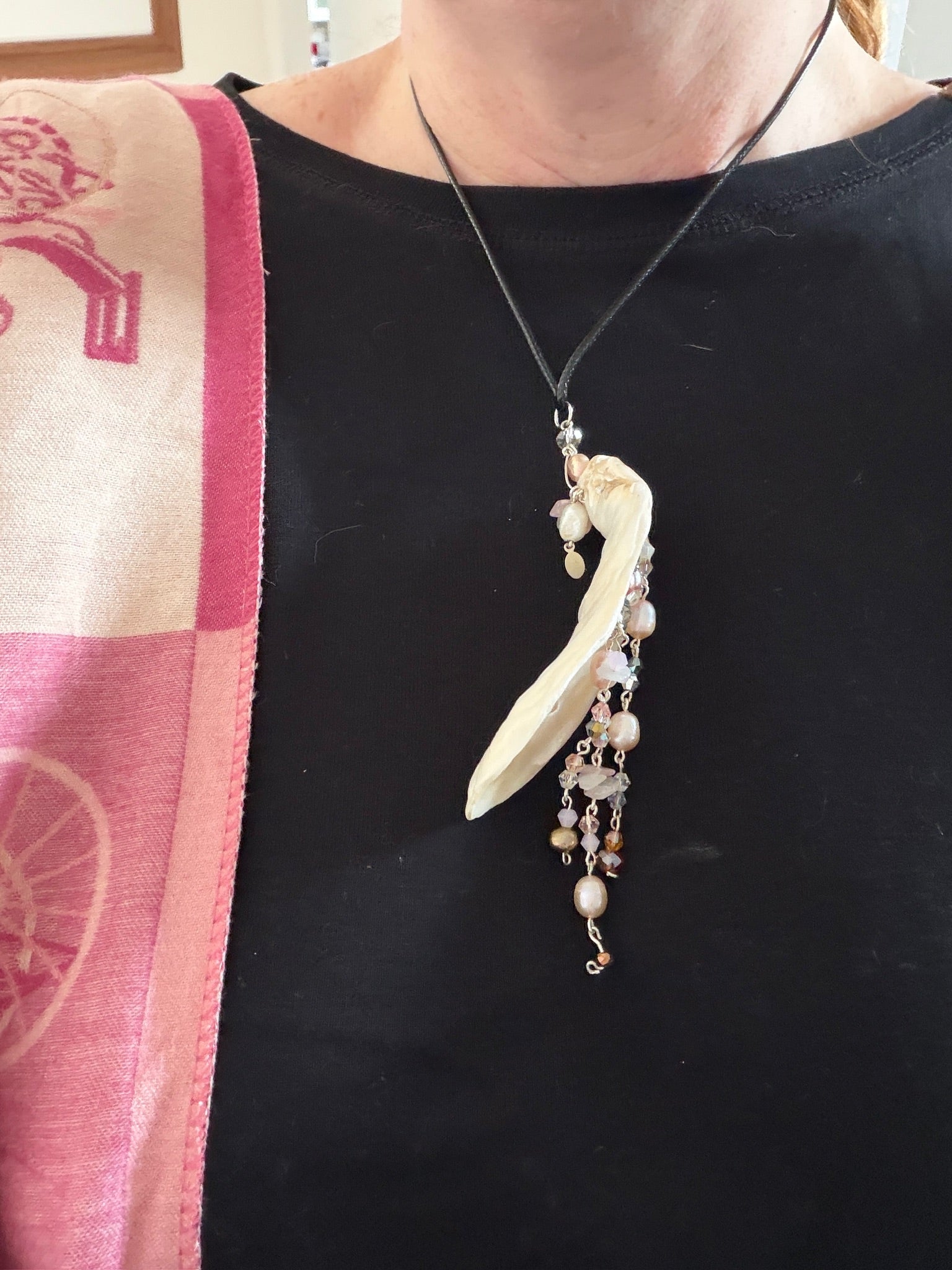 Whorlpool of Pearls and Glass Seashell Pendant