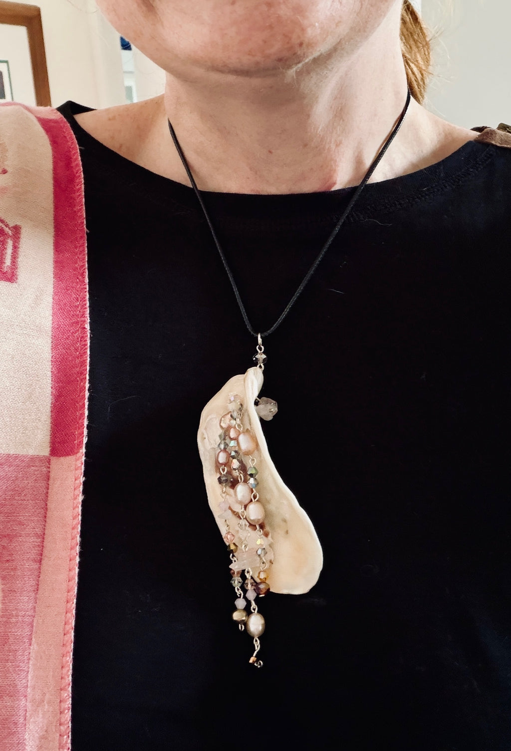 Whorlpool of Pearls and Glass Seashell Pendant