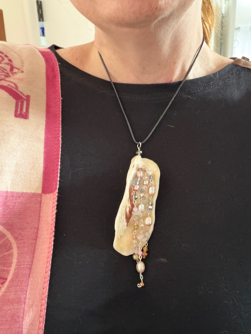 Whorlpool of Pearls and Glass Seashell Pendant