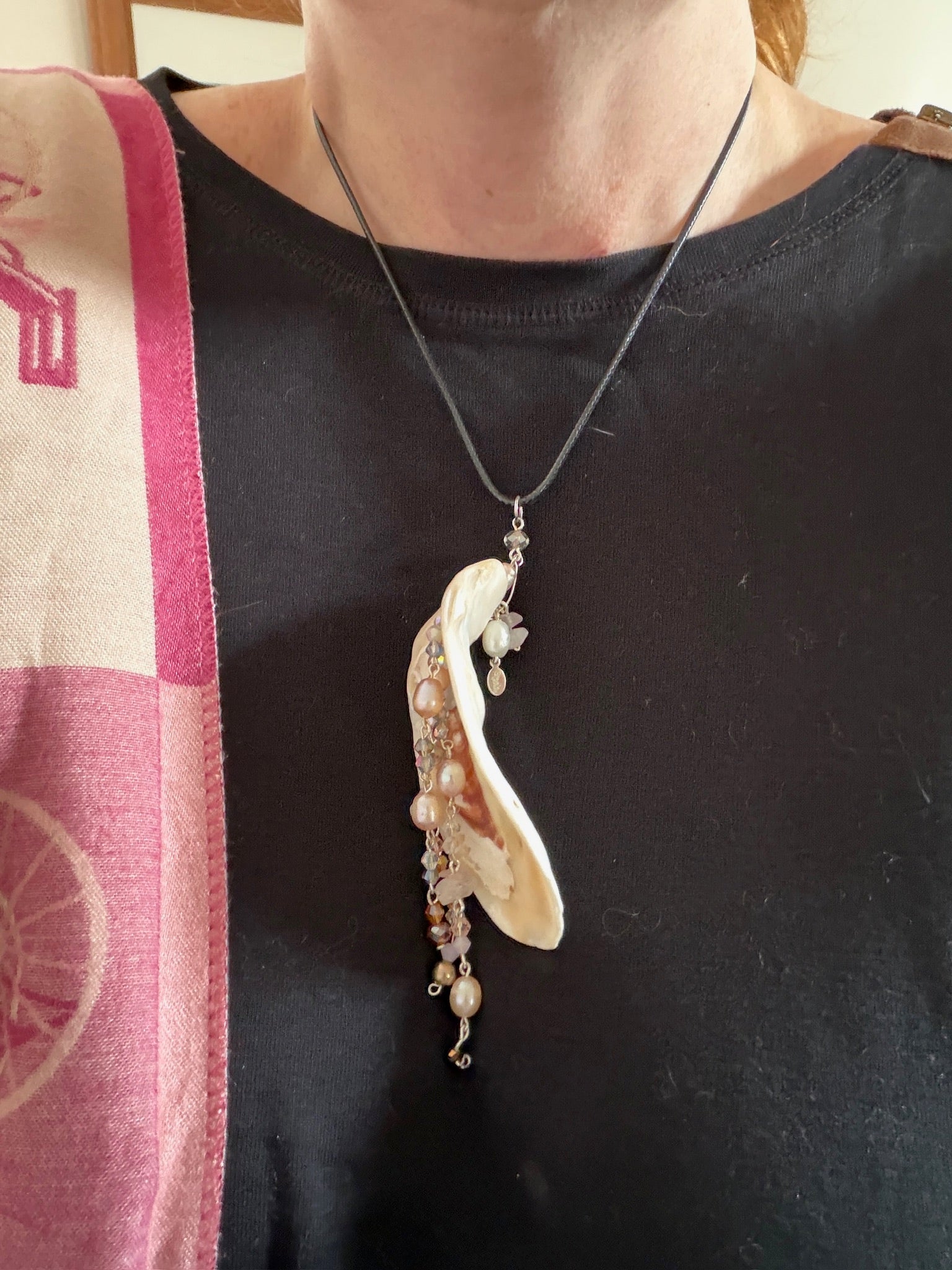 Whorlpool of Pearls and Glass Seashell Pendant