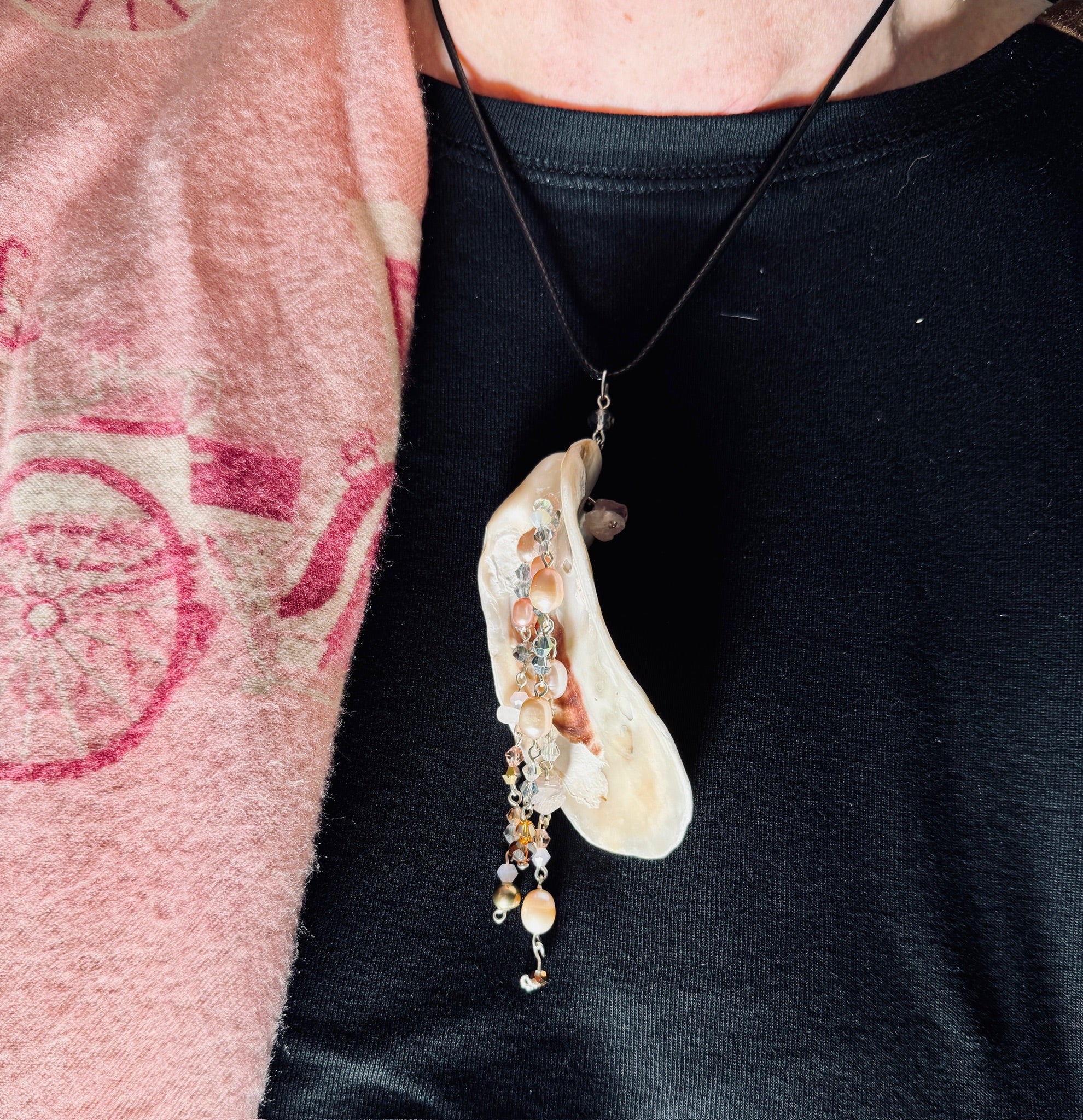 Whorlpool of Pearls and Glass Seashell Pendant