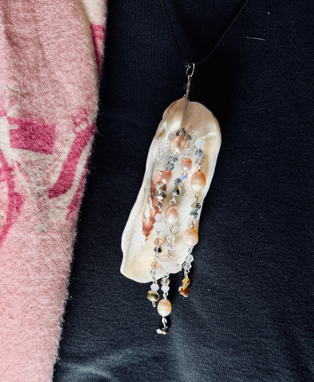 Whorlpool of Pearls and Glass Seashell Pendant