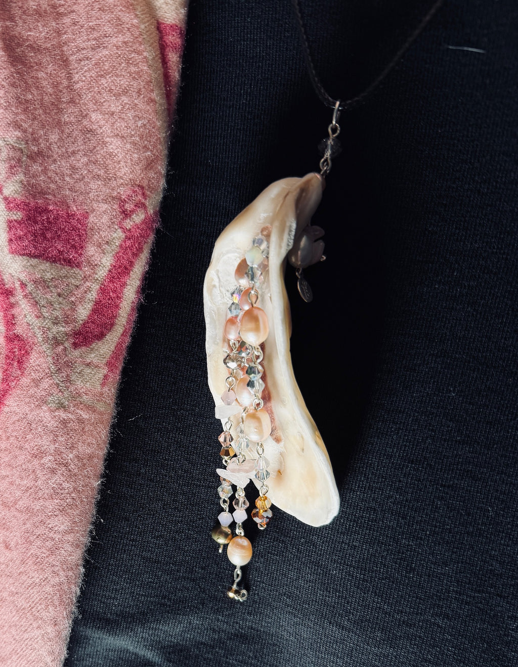 Whorlpool of Pearls and Glass Seashell Pendant