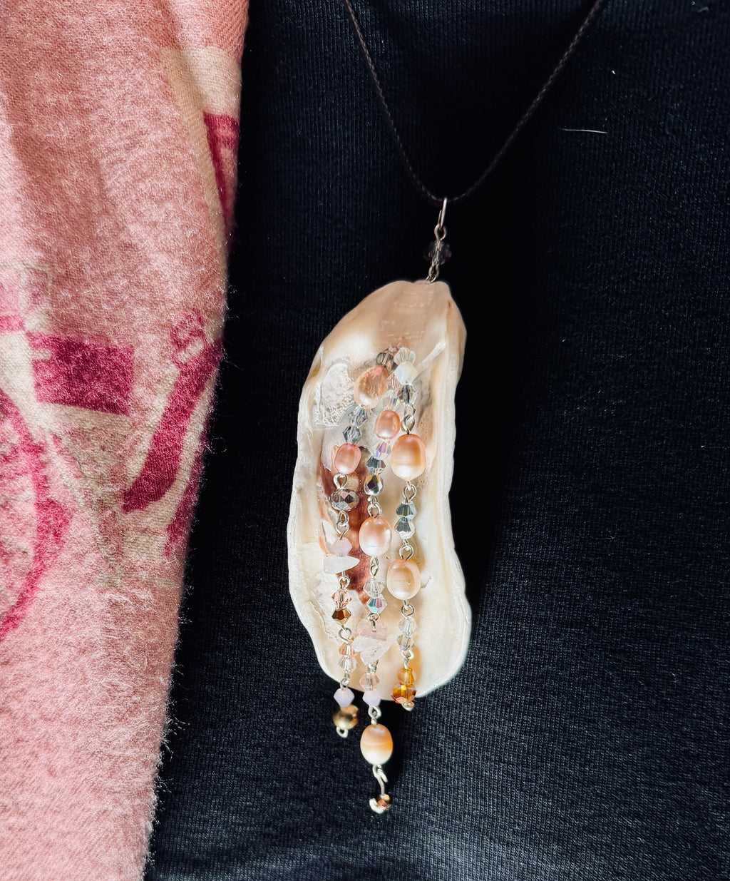 Whorlpool of Pearls and Glass Seashell Pendant