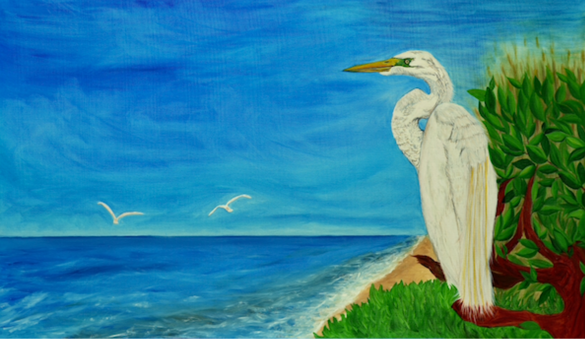 Giant Egret with Seascape Archival Giclee Print