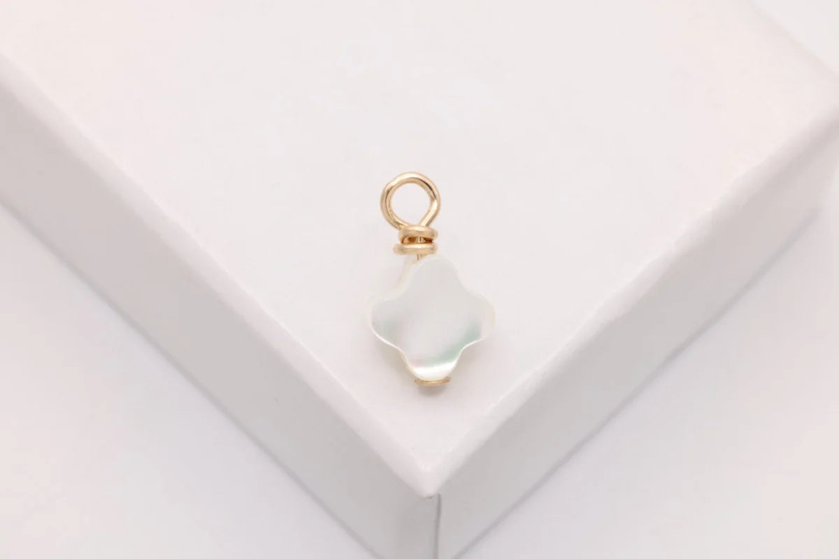Clover Mother of Pearl Drop Charm, Gold-Filled, 10mm x 6mm, Wire Wrapped Pearl