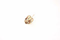 A single gold-colored twisted monarwe LEAF on a solid white background.